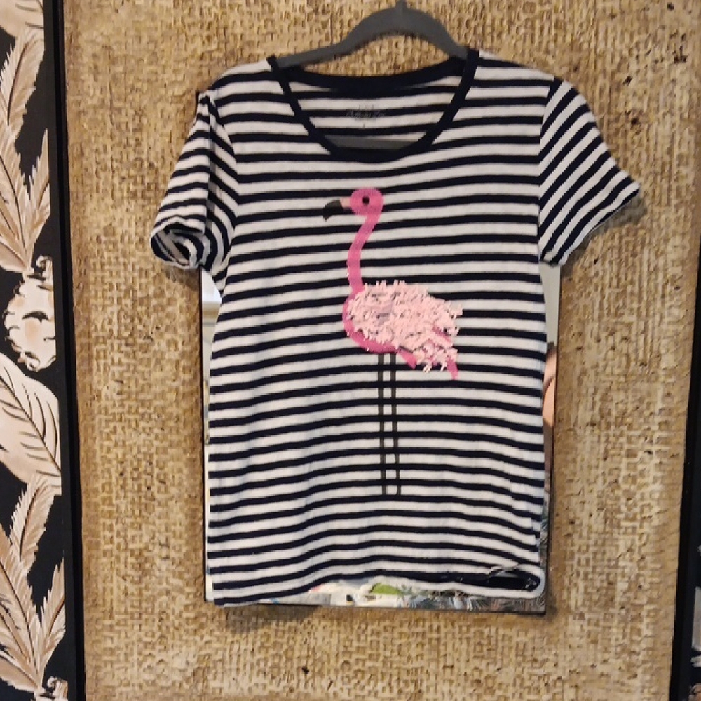 J. Crew Navy and White Striped Tee with Pink Flamingo